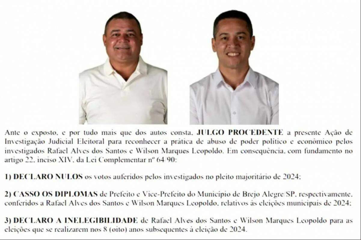 Juiz eleitoral cassa mandatos de prefeito e vice-prefeito de Brejo Alegre por abuso de poder político e econômico