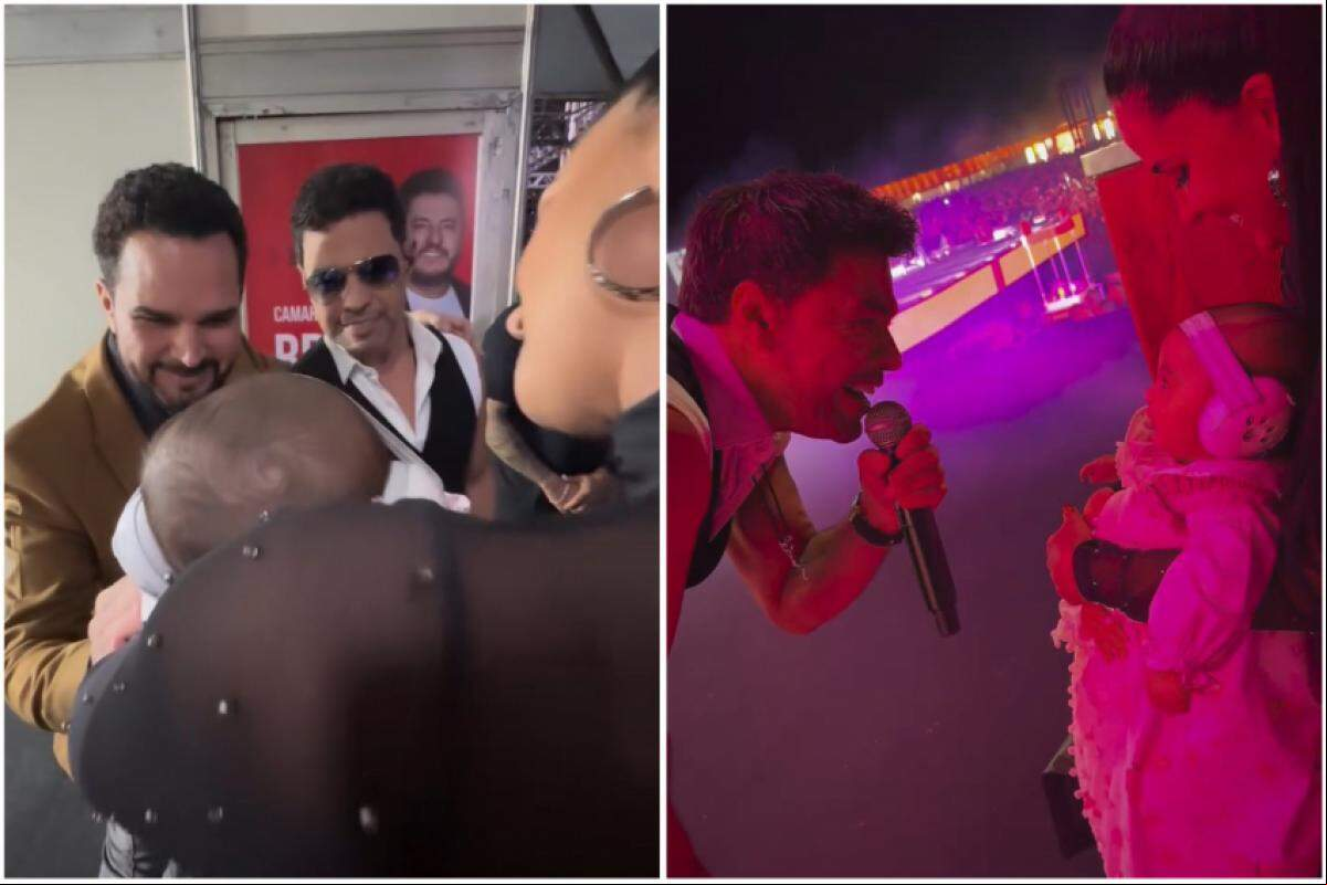 Luciano interagindo com Clara; Zezé sorri ao ver a filha acompanhando o show